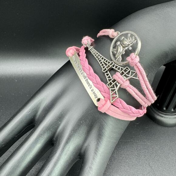 New Pink Braided Leather "Where There's A Will There's A Way" Bracelet - Picture 1 of 7